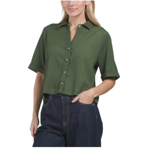 JULES & LEOPOLD BLACK Solid Crinkle Crepe Top - Picture 1 of 2